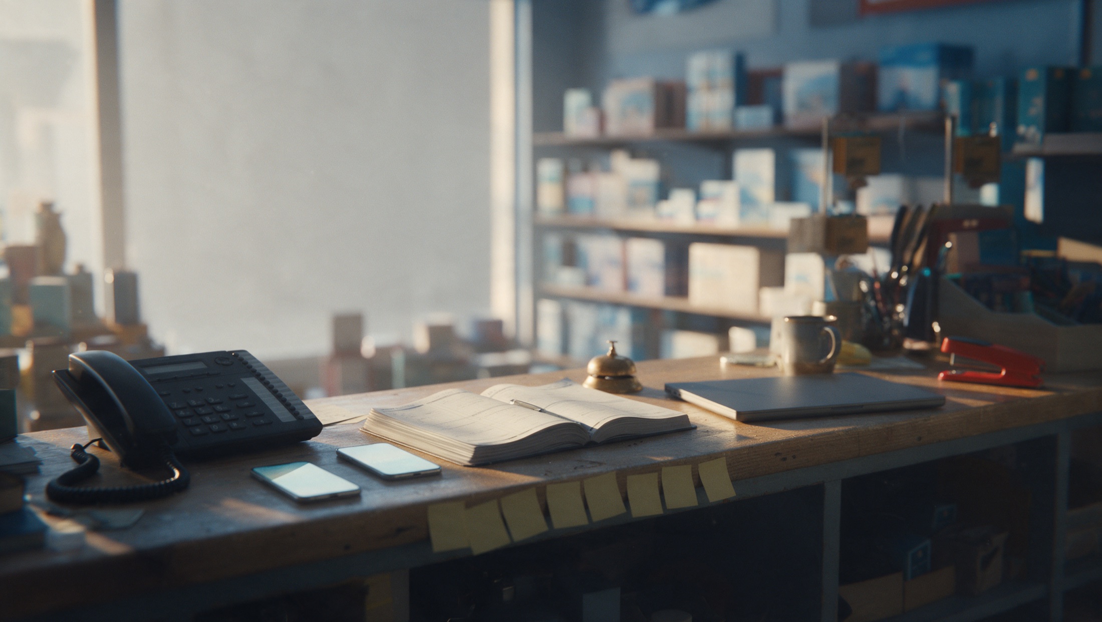 A shop counter crowded with a desk phone, two smartphones, an appointment book and sticky notes