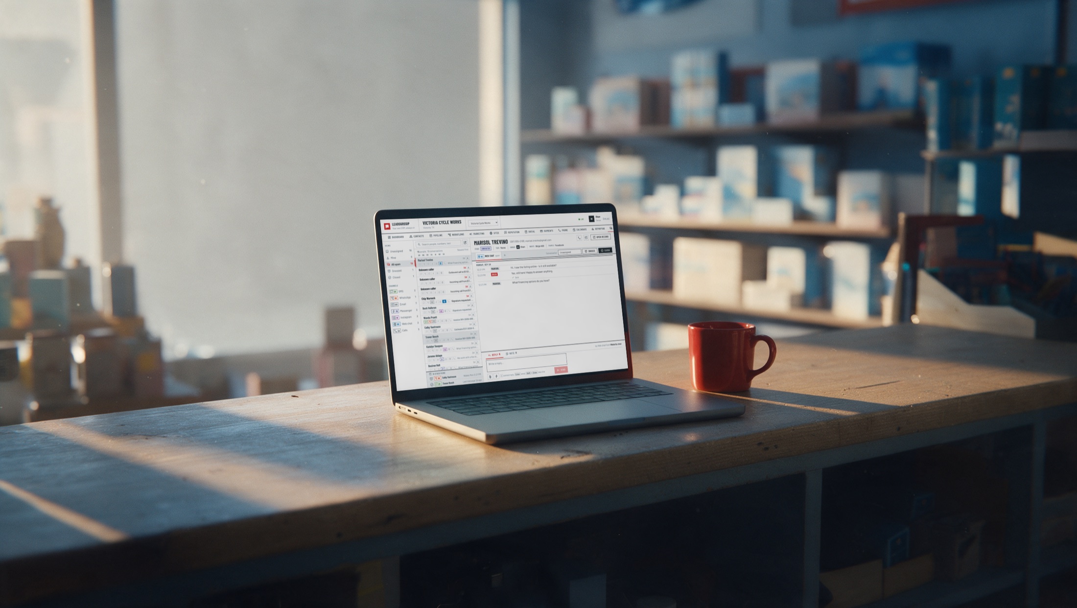 The same counter, cleared, with one laptop showing the HowdyBell inbox